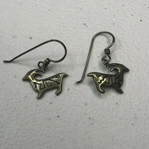 WOODS 925 Sterling Silver Signed Vintage Stamped Native Goat Dangle Earrings